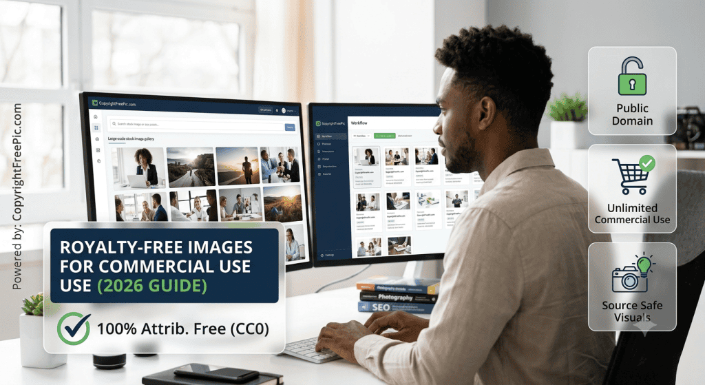 A person working at a dual-monitor setup selecting royalty-free commercial stock images on CopyrightFreePic.com