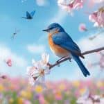 Royalty-free photo of a vivid blue songbird perched on a cherry blossom branch with butterflies and spring flowers by CopyrightFreePic