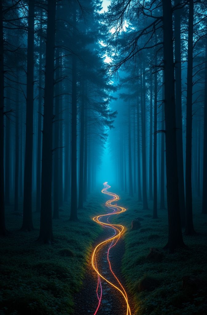 images for now Long exposure shot of individual multi-colored light trails winding through a foggy ancient forest at night, created by bioluminescent drones and plants, inspired by a city highway.