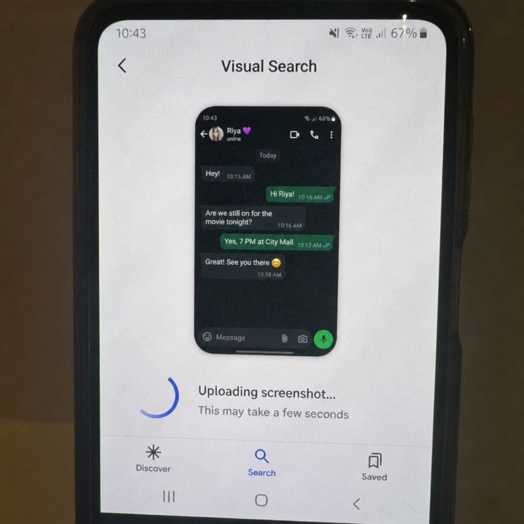 Smartphone screen showing a screenshot being uploaded to a visual search app