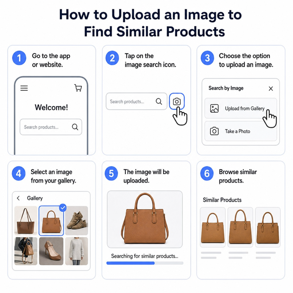 Step by step graphic showing how to upload an image to find similar products