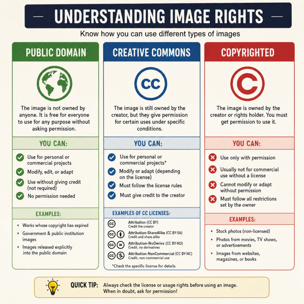 infographic explaining the differences between public domain, creative commons, and copyrighted images