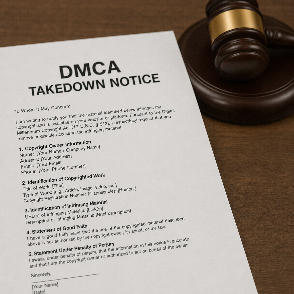 document representing a DMCA takedown notice with a gavel in the background