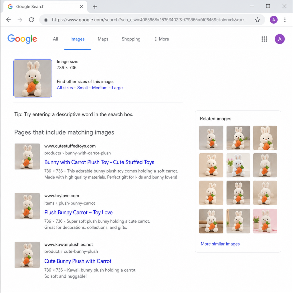 screenshot of a reverse image search process on a web browser