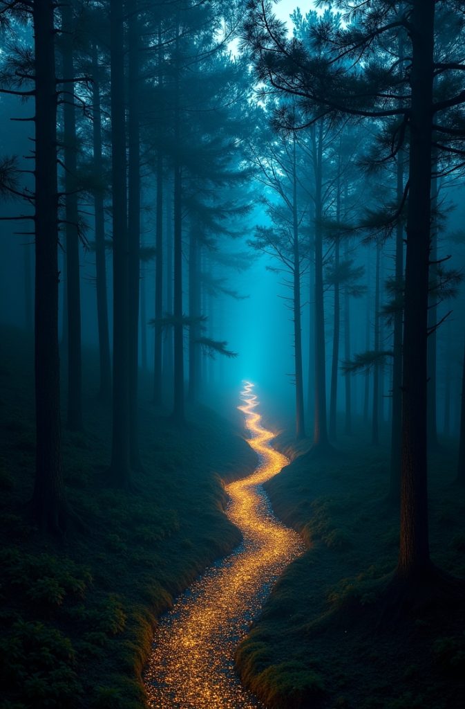 High-angle view of a glowing golden light path winding through tall dark pine trees under a blue twilight fog.