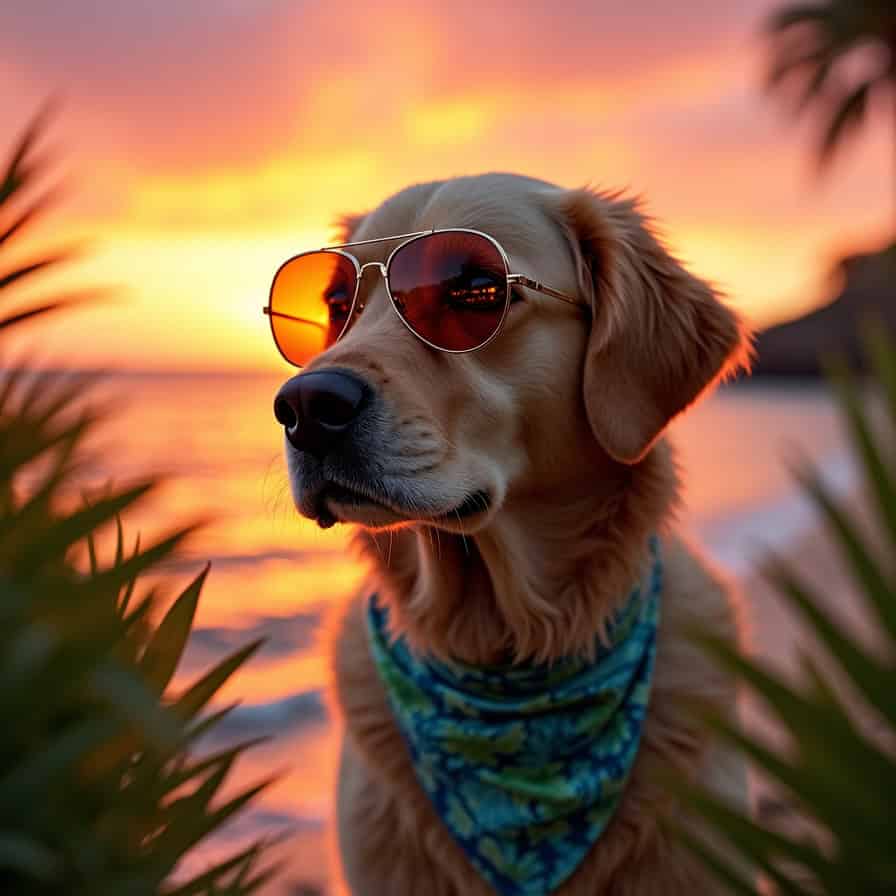 Golden Retriever in Aviator Sunglasses at Sunset