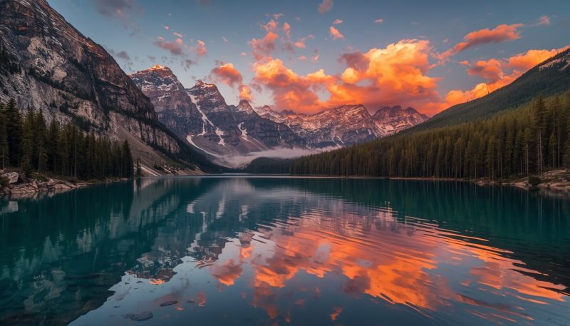 Mountain lake at sunset with colorful orange clouds reflecting on calm water, surrounded by forest and distant peaks