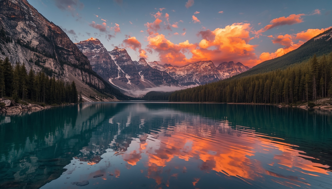 Beautiful Lake Sunset with Mountains and Dramatic Sky Reflection