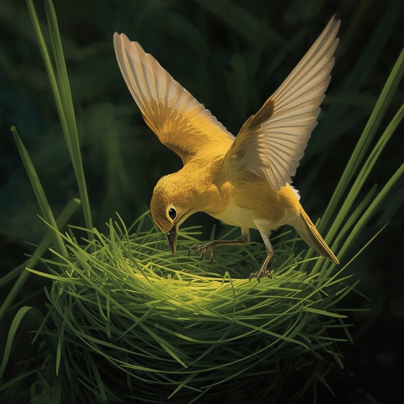 Beautiful Yellow Bird Weaving Nest with Green Grass in Natural Habitat