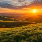 Sunrise over rolling green hills during golden hour in nature landscape.