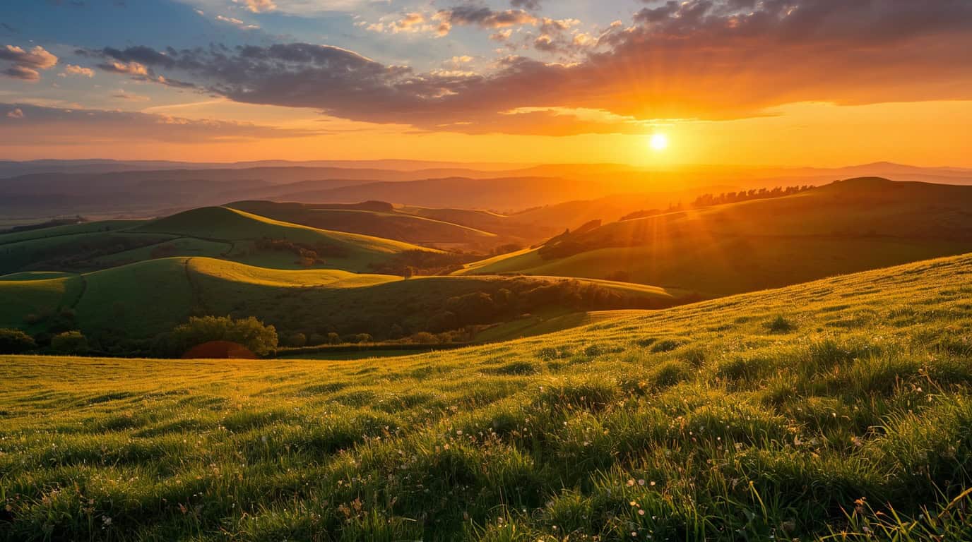 Golden Sunrise Over Rolling Green Hills | Nature Landscape Photography