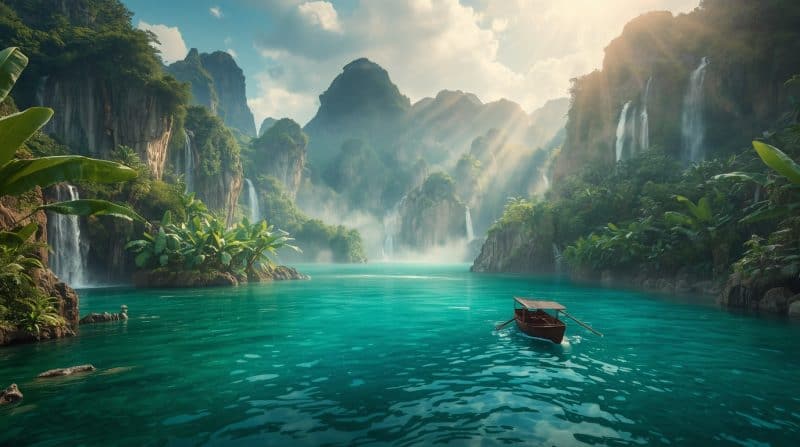Surreal tropical lagoon with turquoise water, lush limestone cliffs, cascading waterfalls, and a small wooden boat.