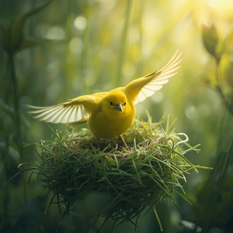 Yellow weaver bird sitting on a green grass nest with wings spread, surrounded by soft sunlight and natural forest background
