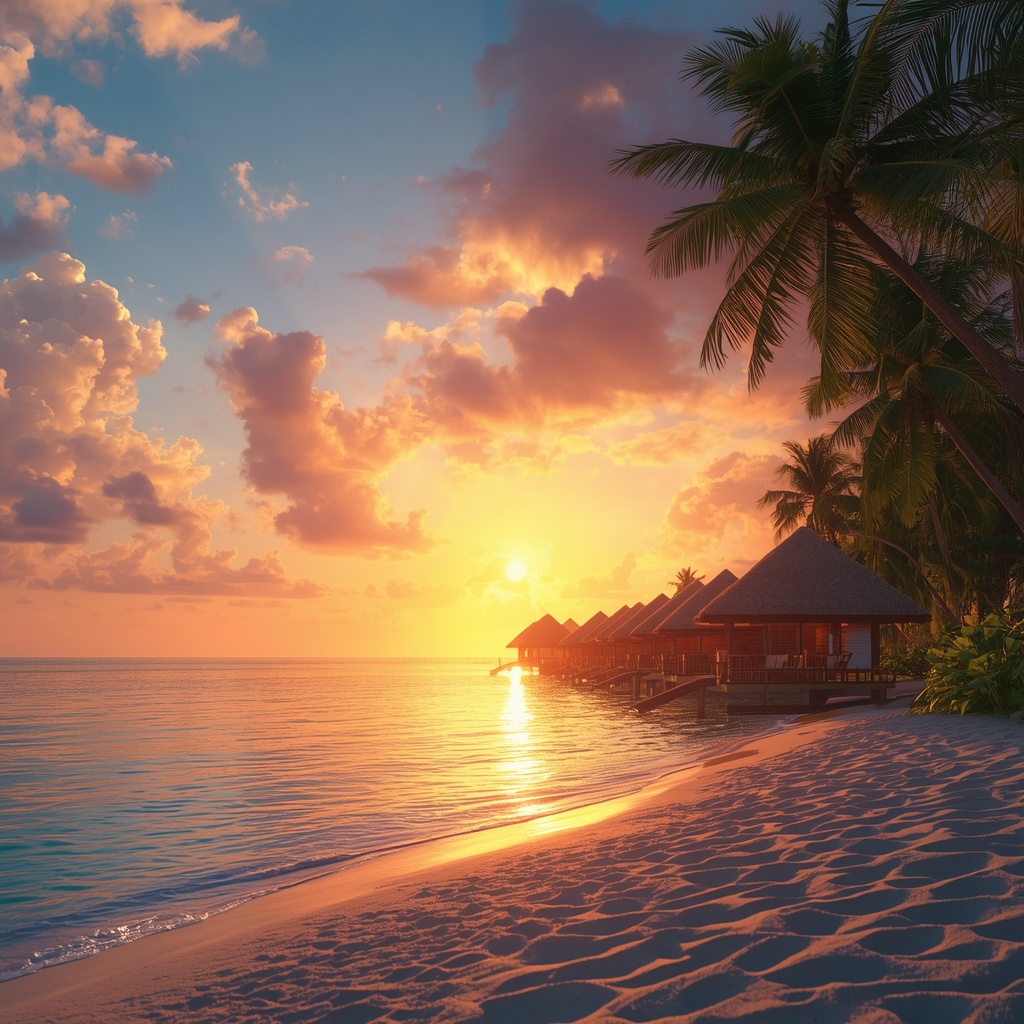 Luxury Tropical Beach Sunset with Overwater Villas and Palm Trees