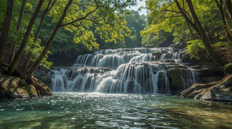 Multi-tiered cascading waterfall pouring into a sunlit emerald forest pool surrounded by lush green trees