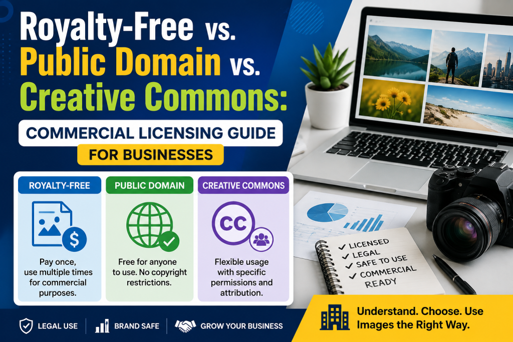 Royalty-Free vs. Public Domain vs. Creative Commons: Commercial Licensing Guide for Businesses.Commercial Image Sourcing & Licensing Guide