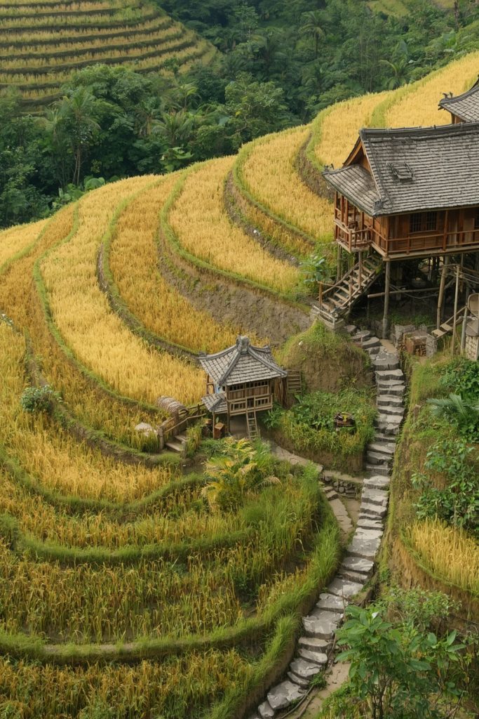 Scenic high-angle view of golden terraced rice fields on a steep mountain slope featuring a traditional wooden stilt house and a winding stone pathway.