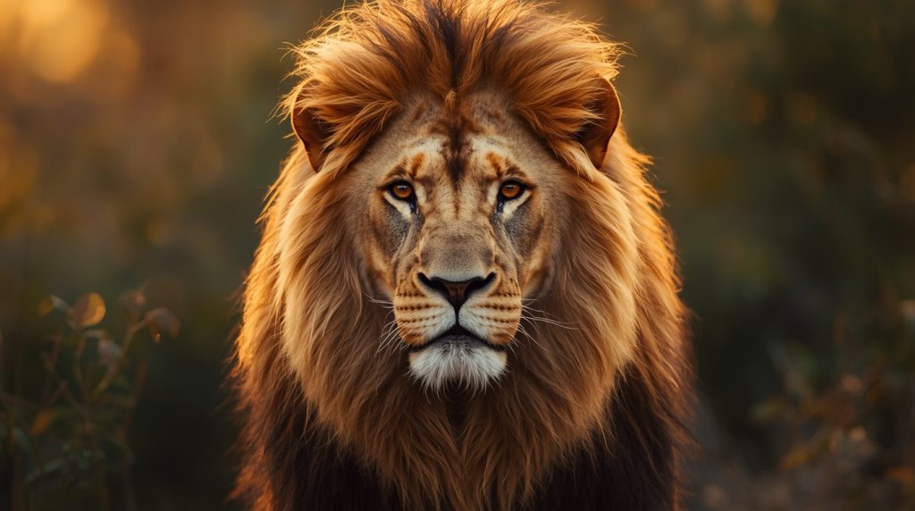 Close-up portrait of a majestic adult male lion with a thick golden mane bathed in sunset light (lion face images, king lion images, beautiful lion images hd).